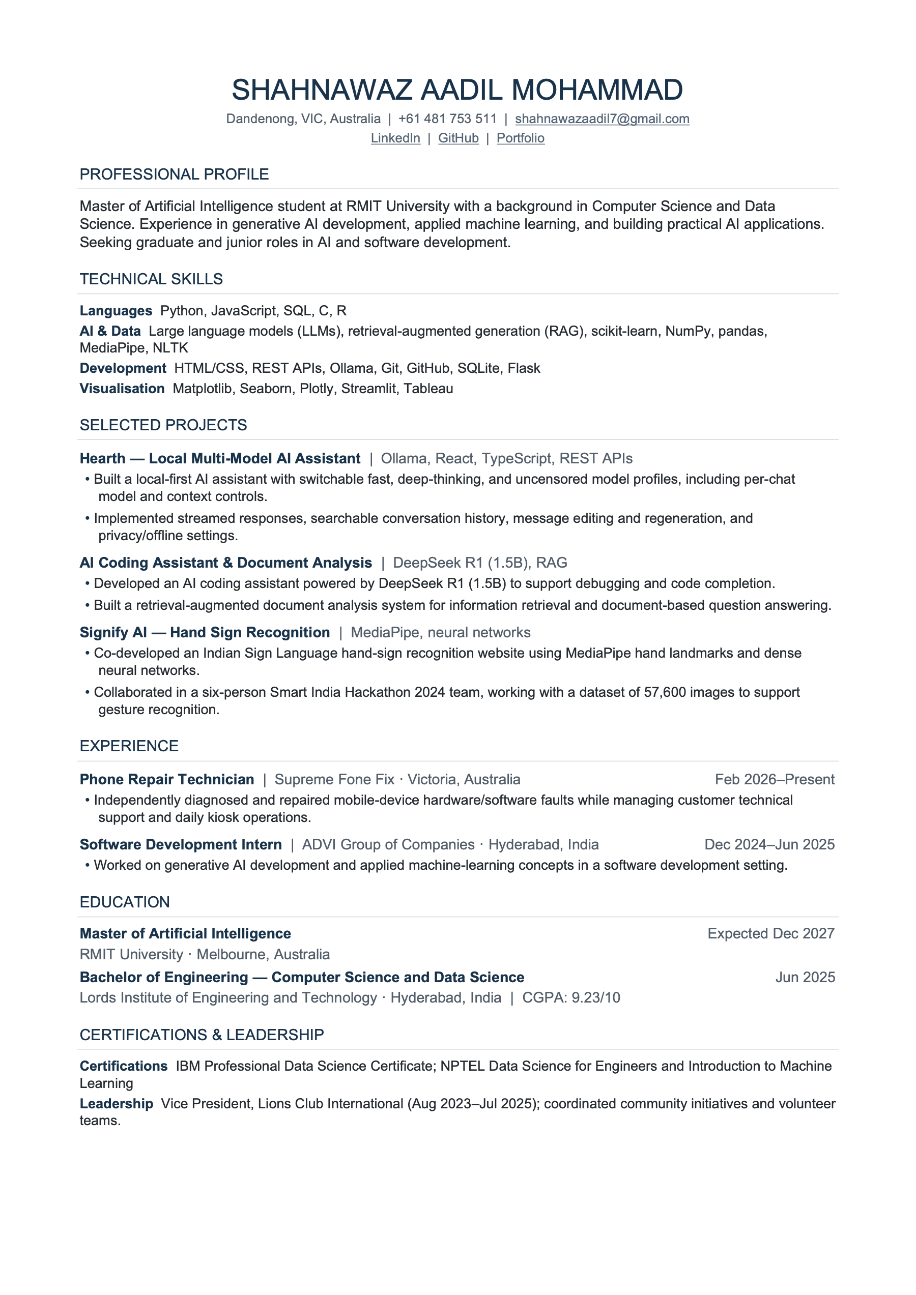 Shahnawaz Aadil's resume. The Open PDF link provides the original accessible document.